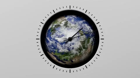 Animated analog clock with realistic planet Earth as clock face Video stock 335030924