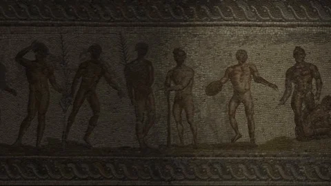 Animated ancient Roman patchwork mosaic of athletes practicing sports Stock Footage 128631030