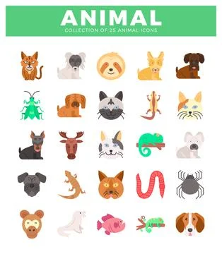 Animated animal icon collection in a grid layout on white background. Stock Illustration