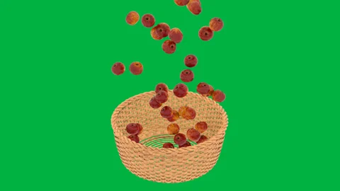Animated apple falling into basket in slow motion, green screen background, 3D Vidéo 255105025