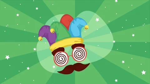 Animated april fools day jester hat, silly glasses, and mustache on a spinn.. Stock Footage 333546811
