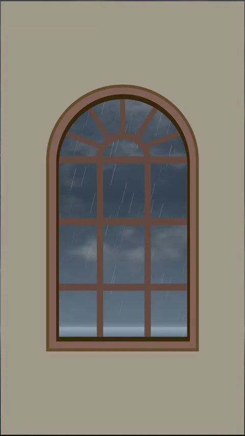 Animated Arched Window Looking Out at Rain and Dark Cloudy Sky Stock Footage 346274330