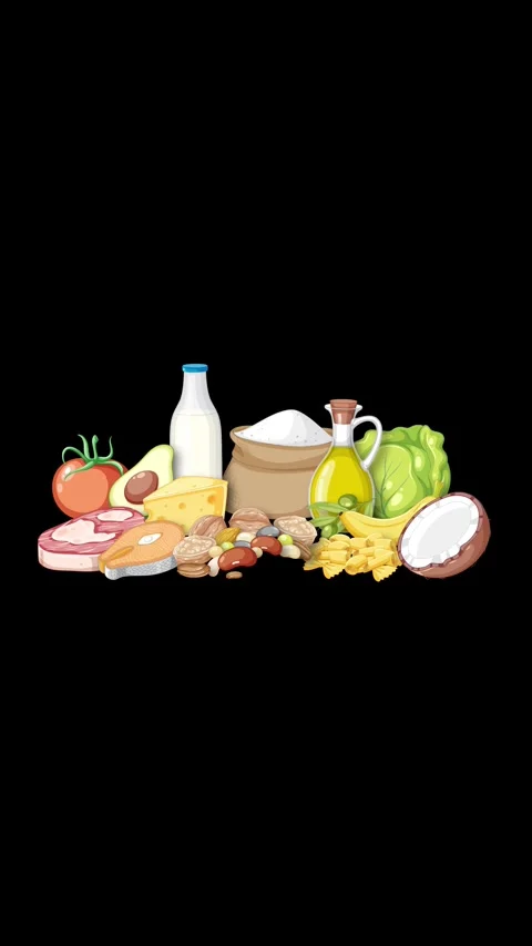 Animated Assembly of Diverse Food Groups on Black Background Stock Footage 341643473
