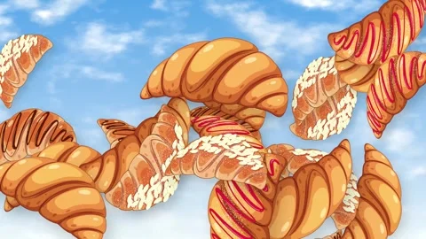 Animated Assorted Croissants Falling and Floating Against a Blue Sky Background Video stock 344833054