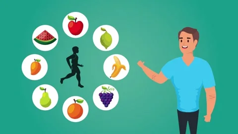 Animated athletic man presenting healthy lifestyle icons of fruits and vege.. Vídeo Stock 338989397