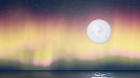 Animated Aurora Borealis with Full Moon Over Calm Water Loop Stock Footage 344936902