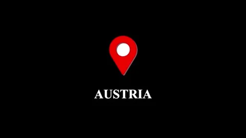 Animated Austria map location pin symbol appears over country name on black.. 스톡 동영상 332453091