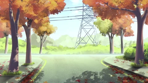Animated Autumn Road Scene with Falling Leaves and Passing Vehicles Stock Footage 318651391