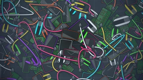 Animated Background Of E-Waste Pile With Tangled Cables And Circuit Boards Stock Footage 340991340