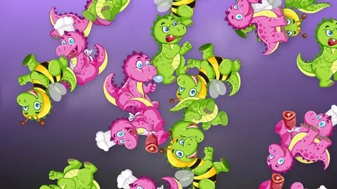 Animated Background of Falling Cartoon Dinosaurs and Bees on Purple Gradient Stock Footage 341537877