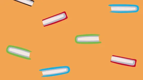 Animated background with falling colorful books on orange surface. Stock Footage 338424737