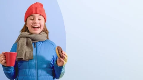 Animated background for text with a young girl holds a donut and a cup of t.. Stock Footage 305892409