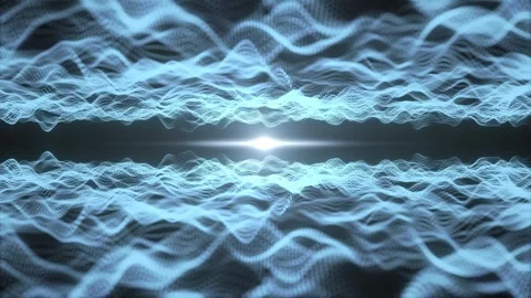 Animated background of waves of particles from below and above with a light Stock Footage 308105807
