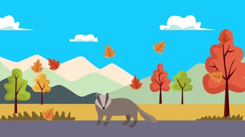 Animated badger standing in autumn forest landscape with falling dry leaves.. Stock Footage 338421380