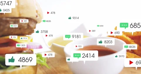 Animated badges appearing and floating around sauce and fries, camera panning, Stock Footage 331429376