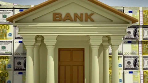 Animated bank building surrounded by stacks of various currency Stock Footage 310614964