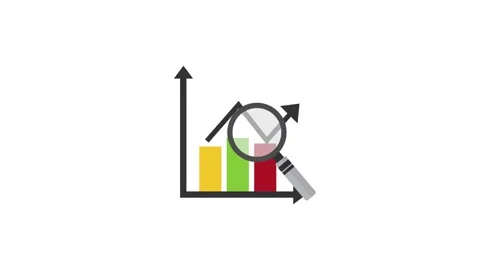 Animated bar chart with magnifying glass analyzing data and showing upward .. Stock Footage 339066567