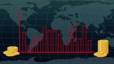 Animated Bar Graph With Coin Stacks Over World Map Background Stock Footage 318440376