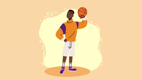 Animated basketball player posing with ball on orange background. Stock Footage 339113675