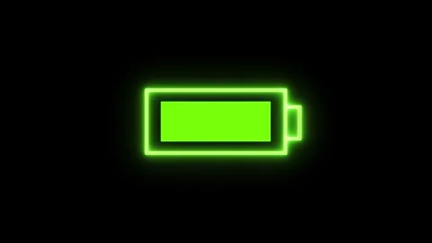 Animated battery indicator fully lit in green neon bars on dark background .. Stock Footage 321626162