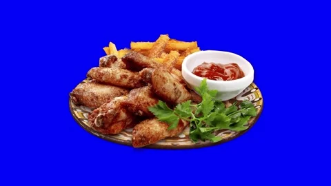 Animated BBQ meat, Fried Chicken animation restaurant menu on blue screen Stock Footage 297401013