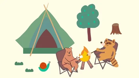 Animated bear and fox camping and grilling marshmallows together Stock Footage 313112642