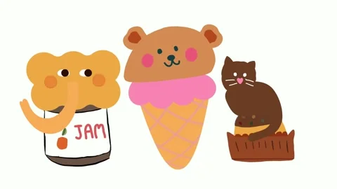 Animated bear with ice cream, cat with cupcake, and elephant with jam Stock Footage 311847564