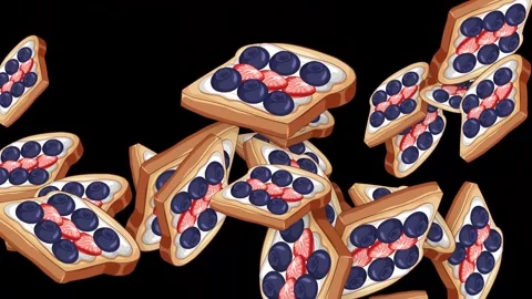 Animated Berry Toast Dessert Objects Falling on Black Background Video stock 344836166