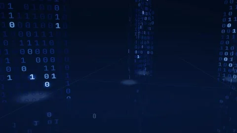 Animated binary code towers rising from grid floor in blue perspective space Stock Footage 347257917