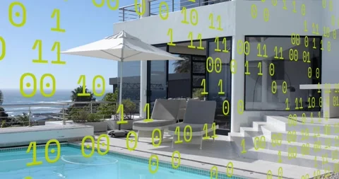 Animated binary overlay drifting triggers slow pan revealing villa pool and Stock Footage 321715674