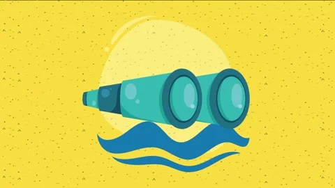 Animated binoculars on beach sand with waves and sun symbolizing exploratio.. Stock Footage 334090185