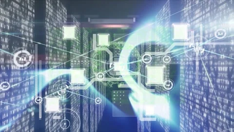 Animated bionic hand secures server room in global tech concept video. 스톡 동영상 330052345