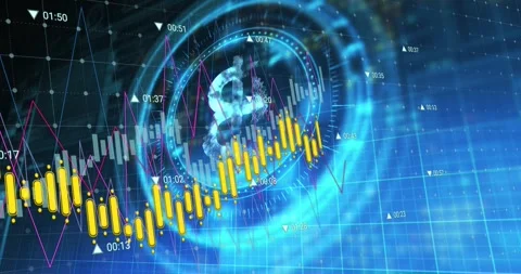 Animated bitcoin and graphs depict finance and tech concepts. Stock Footage 329414131