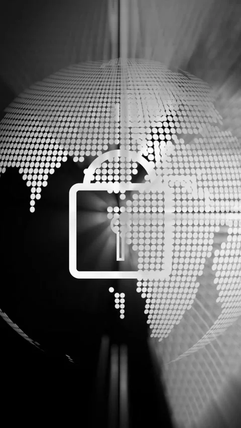Animated Black and white image of a dotted Earth with a white padlock icon .. Stock Footage 337463428