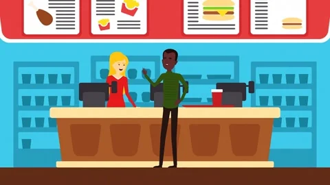 Animated Black Man Standing At Fast Food Restaurant Counter Ordering Food Vídeo Stock 261426175