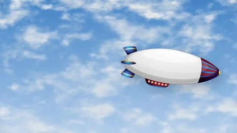 Animated Blimp Flying Through Blue Sky with White Clouds Stock Footage 344717914