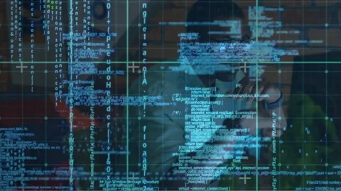 Animated blue code overlay revealing man wearing glasses, adjusting posture and Stock-Footage 331216733