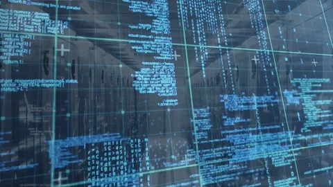 Animated blue code overlay shifting after scan, camera panning revealing server Stock Footage 332577535