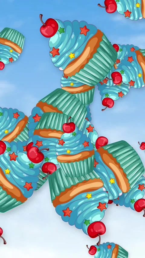 Animated Blue Cupcakes with Cherries Falling Against a Blue Sky Stock Footage 344848473