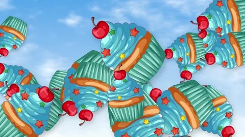 Animated Blue Cupcakes with Cherries Falling Through a Blue Sky Stock Footage 345307887