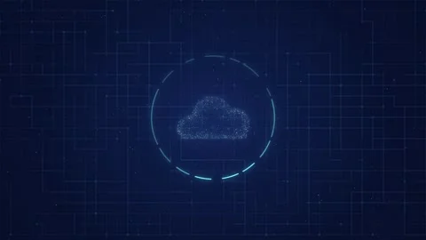 Animated blue digital cloud computing icon inside rotating HUD circle with Stock Footage 346882902
