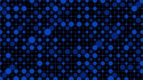 Animated blue dots on black grid background with variable size circles creating Video stock 318646822