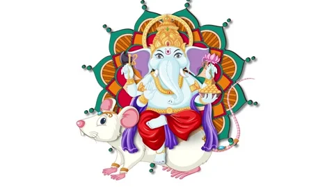 Animated Blue Elephant Deity Sitting on White Rat with Mandala Background Stock Footage 340306797