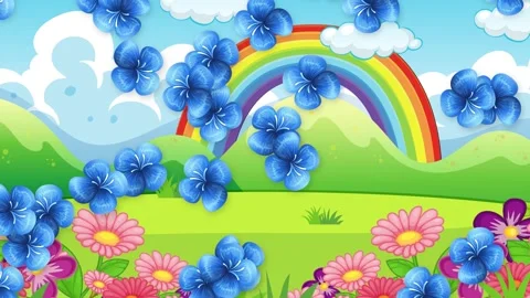 Animated Blue Flowers Falling Over Cartoon Landscape with Rainbow and Clouds Stock Footage 345314370