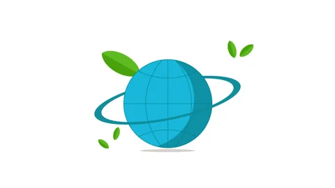 Animated blue globe with green leaf and orbiting ring symbol Stock Footage 337984189