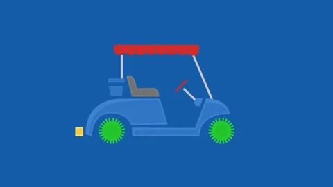 Animated blue golf cart with red roof moving on blue background loop video clip Stockbeeldmateriaal 331127833