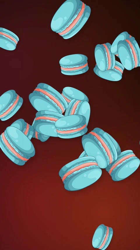 Animated Blue Macarons Falling Against a Dark Red Gradient Background Stock Footage 346114864