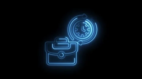 Animated blue neon briefcase icon with circular arrow clock symbol representing Stockbeeldmateriaal 333970060