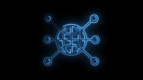 Animated blue neon globe with connected nodes on black background represents Stock Footage 322961340