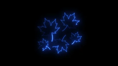 Animated blue neon maple leaves falling in dark background with motion Stock Footage 345834582